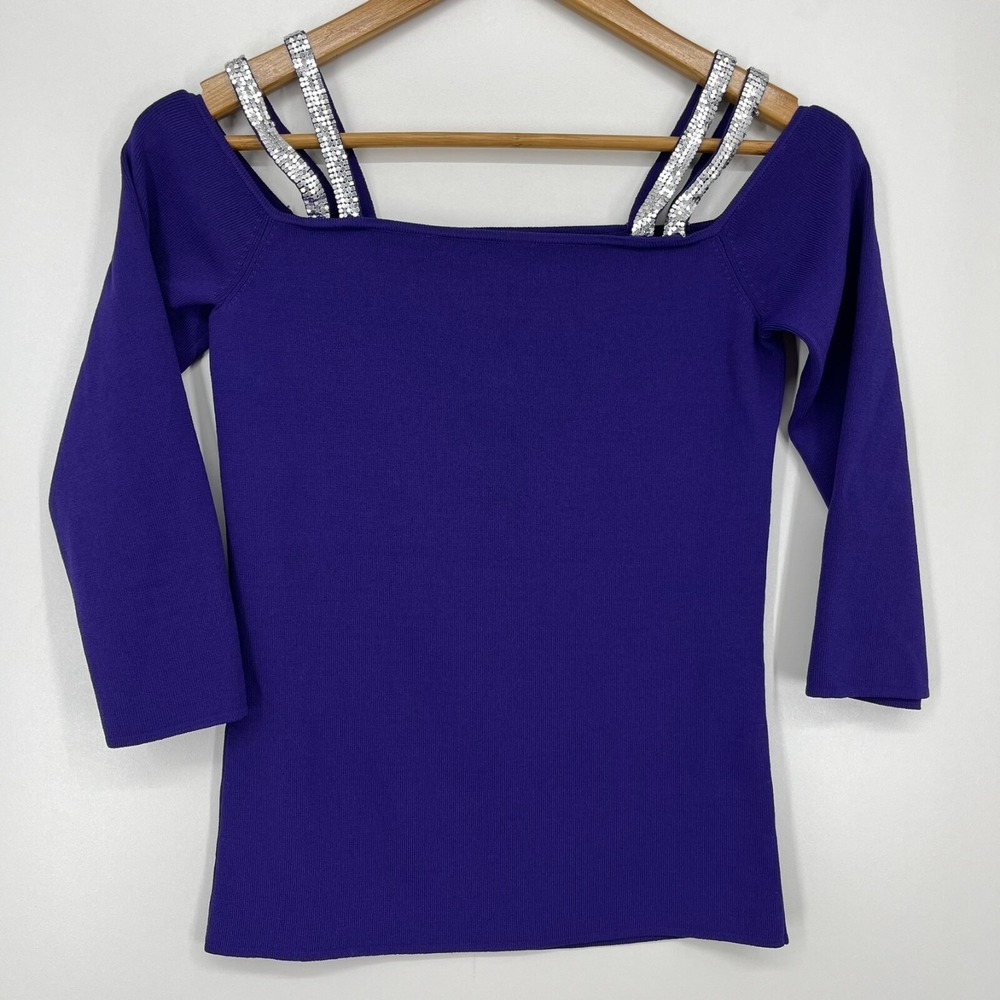 Michelle Antonelli Purple Cold Shoulder Sequin Strap Knit Top Size M Vtg Y2K